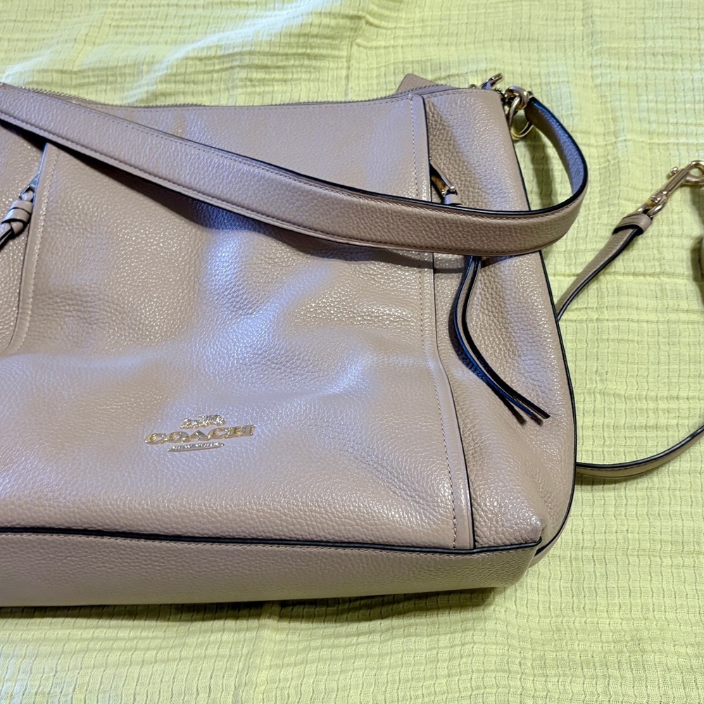 Coach Pebbled Leather Shoulder Bag in Taupe with Black Trim and Gold Hardware